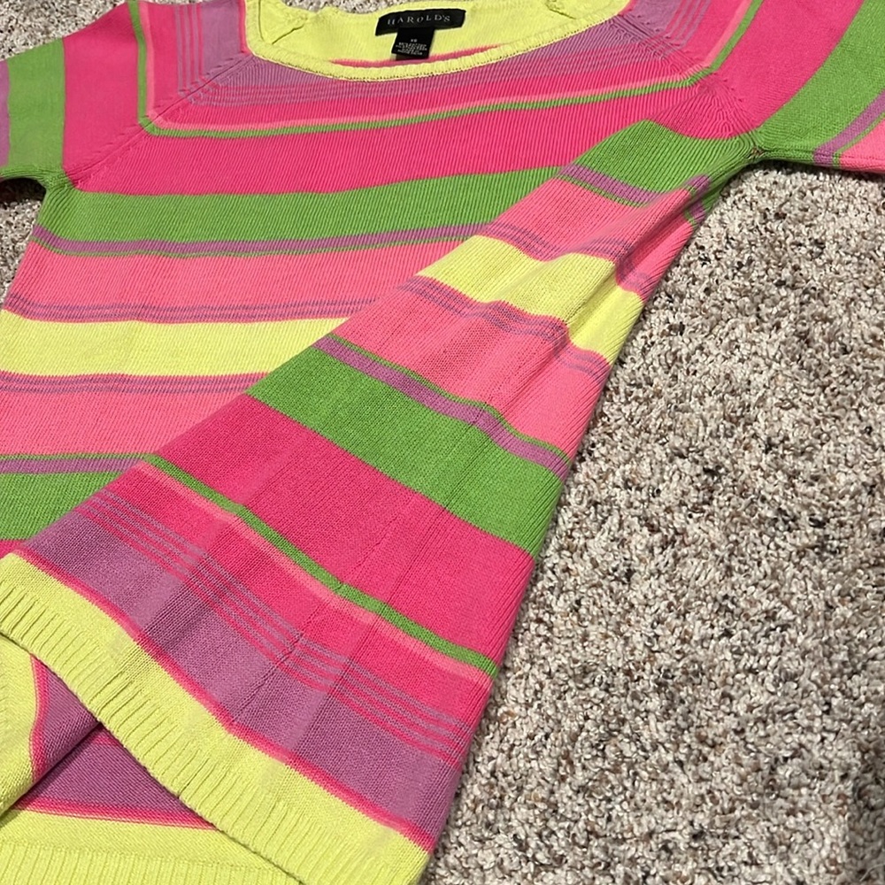 Harold’s neon horizontal striped cotton spring sweater 3/4” sleeves
